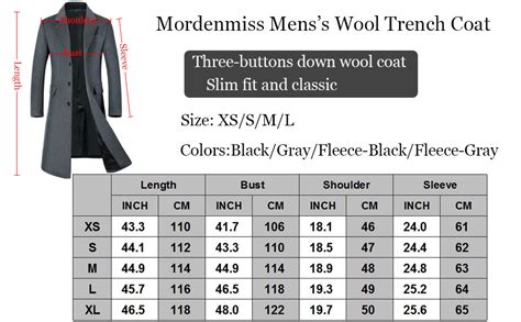 men's trench coat size chart